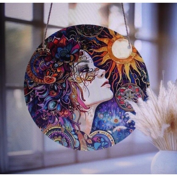 Girl & Moon Floral Decorative Metal Home Wall Decor 8" Round Gift Colorful NIP - Picture 5 of 8